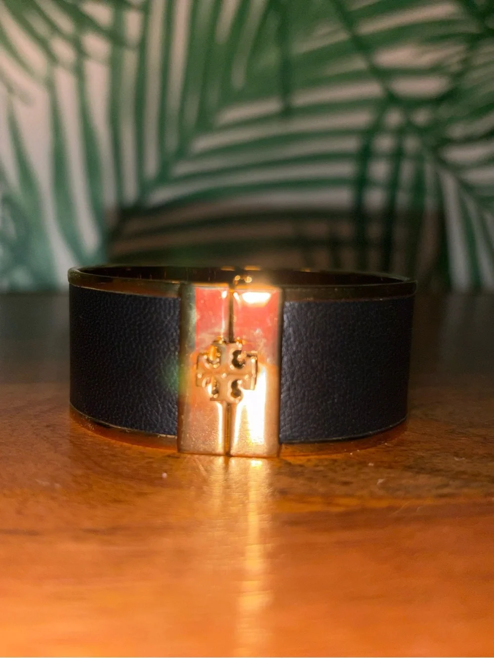 Tory Burch Black Leather Gold Tone Wide Hinge Cuff Bracelet